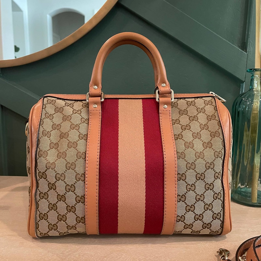 Gucci Boston GG Supreme Canvas Tan Red Crossbody - Picture 15 of 16